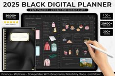 a person is writing on a black digital planner