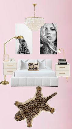 a bedroom with pink walls and pictures on the wall