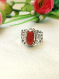 Vintage Coral Ring-Beautiful Coral Ring-Red Coral Silver Ring--Statement Ring-Handmade Ring-Oval Coral Ring-Designer Ring--Adjustable Ring About Item ; Materiel : 925 Sterling Silver Stone : Natural Coral  Weight :  7 GRMS  Approx. Ring Size : Adjustable: Payment Policy  We Accept The Payment Vie  PayPal Only : Thanks For Visit Our Shop  JewelsGalleryShop Adjustable Red Oval Ring, Adjustable Oval Red Ring, Handmade Adjustable Oval Ruby Ring, Red Oval Filigree Ring As Gift, Adjustable Red Oval Ruby Ring, Adjustable Oval Red Ruby Ring, Adjustable Oval Cabochon Ring For Promise, Bohemian Adjustable Oval Cabochon Rings, Adjustable Bohemian Oval Cabochon Ring