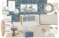 a baby's room with blue and white wallpaper, crib, dresser, chair, mirror, pictures, and other items