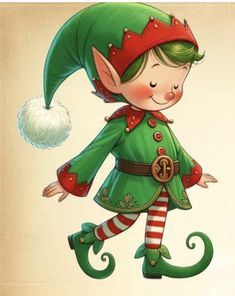 a christmas card with an elf in green and red