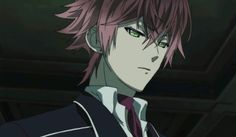 an anime character with pink hair and green eyes looking at the camera, in front of a dark background