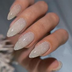 Party Nail Inspiration, White Almond Glitter Nails, Silver Classy Nails, Silver Sparkling Nails, White Shine Nails, Elegant Nails Silver, Silver Formal Nails, Wedding Nails For Bride Glitter