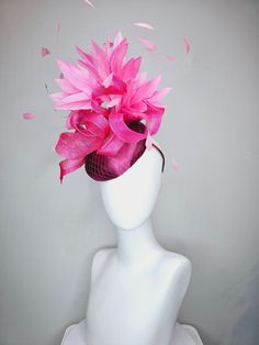 From the 2024 Featured Milliner of the Kentucky Derby Museum  Gorgeous Kentucky Derby hat fascinator  kentucky derby hat fascinator purple magenta satin with large hot pink sinamay curls with pink feathers headband attachment.  each hat is totally one of a kind! no two are alike! * I can add feathers or flowers to any existing hat to help customize your look for a small fee. Message me for requests, I am happy to help!  *All hats are sold as displayed. No returns do to nature of product (headwea Pink Feathered Fascinator For Races, Pink Feathered Fascinator For Kentucky Derby, Pink Ostrich Feather Fascinator For Royal Ascot, Pink Feather Fascinator For Royal Ascot, Pink Feathered Headpiece For Kentucky Derby, Derby Hats Fascinators, Derby Fascinator, Hat Fascinator, Kentucky Derby Hats