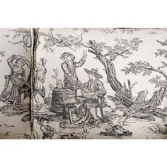 an open book with black and white drawings on it's cover, depicting people in the woods