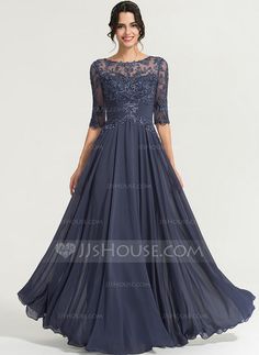 A-Line Scoop Neck Floor-Length Chiffon Evening Dress With Sequins (017167702) - JJ's House Grad Dresses Long, Mother Of The Groom Dresses, Dress With Sequins, Mother Of Groom Dresses, Dresses Formal Elegant, Chiffon Evening Dresses, Mob Dresses, Formal Dresses Short, Lace Evening Dresses