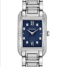 Prettybulova Woman Watch Beautiful Women's Diamonds Collection Bracelet Watch, 34mm - 0.10 Ctw Bulova Blue Diamond Watch With Diamond Hour Markers For Anniversary, Blue Diamond Watch For Anniversary, Elegant Blue Diamond Watch For Anniversary, Elegant Blue Diamond Watch, Blue Diamond Watches For Formal Occasions, Formal Blue Diamond Watches, Formal White Gold Sterling Silver Watch, Silver Braces, Bulova Watches Women