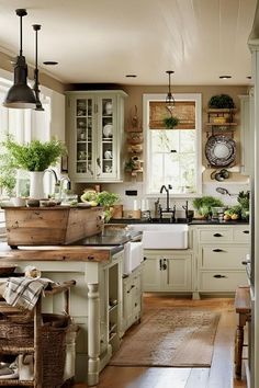 a kitchen filled with lots of wooden furniture and white cabinets next to a counter top