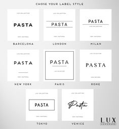 six different types of logos with the names in black and white, all on one side