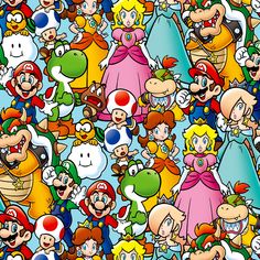 a large group of super mario bros characters