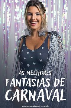 a woman in a black top and silver fringes with text that reads as melhorees fantasias de carnaval