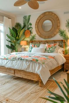 a tropical bedroom with palm leaves on the wall and ceiling fan above the bed,