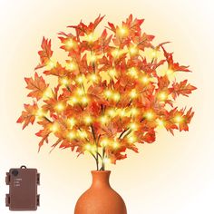 an orange vase with lights in it next to a small camera on a white background