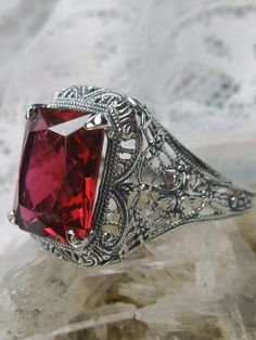 Red Ruby Ring, Sterling Silver Filigree, Vintage Jewelry, Silver Embrace Jewelry Antique Filigree, Vintage Revival, Victorian Rings, Ruby Gemstone, Filigree Ring, Engraved Items, Fall Design, Ruby Ring, Silver Filigree