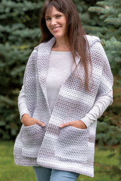 grey cardigan or hood jacket that is crochet Crochet Long Cardigan Pattern Free, Crochet Long Cardigan Pattern, Pocket Shawl Crochet Pattern, Long Cardigan Pattern, Crochet Pocket Shawl, Pocket Shawl, Jacket Crochet, Crochet Game, Ribbed Crochet