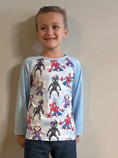 Spidey long sleeve raglan. Perfect for boys for girls. Features your favorite Spidey characters. Long sleeves, super soft and stretchy material. Blue Long Sleeve Tops For Sleepover, Long Sleeve Tops With Character Print, Superhero Long Sleeve Tops With Character Print, Themed Long Sleeve Top With Cartoon Print, Themed Long Sleeve Tops With Cartoon Print, Themed Long Sleeve Tops With Graphic Print, Blue Long Sleeve Top With Character Print, Lafayette La, Super Cat