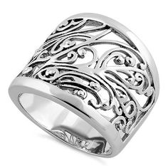 Top of ring height: 18.5mm

    Band width: 12.2mm

    Shank width: 8.3mm

  

    Metal: 925 sterling silver

    Plating: rhodium plated   (what is rhodium?) What is Rhodium? 
 
  If you're not familiar with Rhodium, it's a rare metal in the platinum  group, and at over $20,000 per KG, it's almost as expensive as Platinum! It's  ultra shiny with a very high "reflectance" rating. It is non-corrosive so it  will not tarnish or rust, and is not affected by sweat and body acids. It  has a high "h Silver Rings For Men, Sterling Silver Jewelry Rings, Sterling Silver Wedding Band, Swirl Ring, Silver Wedding Bands, Big Rings, Sterling Silver Mens, Filigree Ring, Sterling Silver Cross