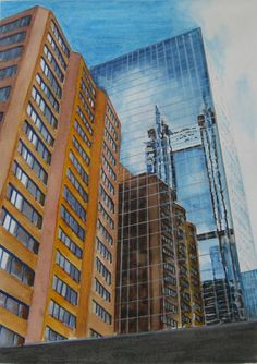 a drawing of some tall buildings in front of a sky scraper and building cranes