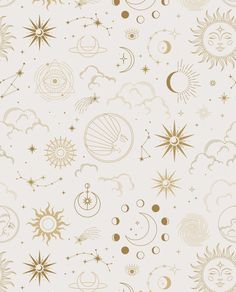 the sun, moon and stars are all drawn in gold on white paper with black ink