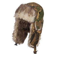 Camouflage Fur Trooper HatMade of 100% cotton.One size fits most with an adjustable plastic snap chin strap, fitting up to XL.Adult/Unisex.Crown measures 7 inches deep.Folded up bill measures 4 inches high.Ear flap measures 5 inches long.Hand washable.Imported. Cotton faux fur lined trooper hat for men and women.Camo designed hat.Faux fur trimming.Crown is lined inside.Ear flaps are faux fur lined.Faux fur bill is attached on the front crown.Our camo fur trooper hat is perfect for winter trips, Winter Hunting Hats With Adjustable Fit, Adjustable Winter Hunting Hat, Brown Military Hat For Hunting, Winter Hunting Cap, Military Hunting Hat With Curved Brim, Brimmed Winter Hunting Hat, Curved Brim Military Hat For Hunting, Military Style Hunting Hat With Curved Brim, Brown Military Hat For Winter