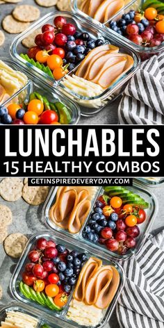 lunch boxes filled with different types of food and the words lunchables is healthy combos