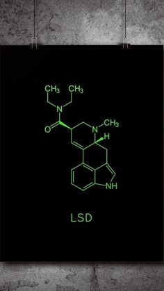 the chemical model for lsd is shown in green on a black poster hanging on a wall