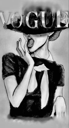 a black and white drawing of a woman wearing a hat with the word vogue on it