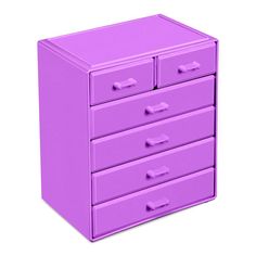 a purple dresser with five drawers on each drawer