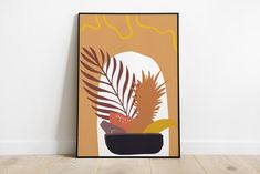 an art print with plants in a bowl on the floor next to a white wall