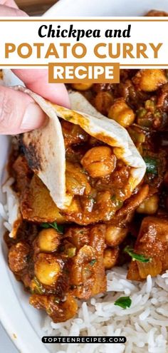 chicken and potato curry recipe in a white bowl with rice on the side, being held up by a hand