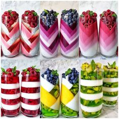 several different colored desserts with strawberries, cucumbers and raspberries in them