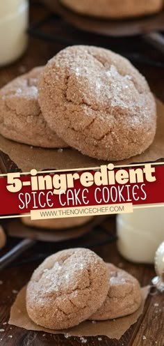 three ingredient spice cake cookies on top of each other with the title overlay above it