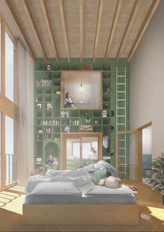 an artist's rendering of a bedroom with green bookshelves