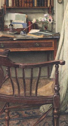 a painting of a desk and chair in front of a book shelf with books on it