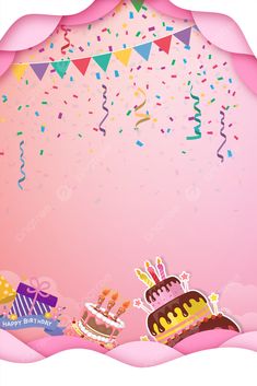 a pink birthday card with cake and balloons