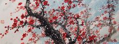 a painting of a tree with red berries on it's branches in the snow