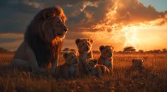 the lion family is sitting on the grass watching the sun go down in the distance