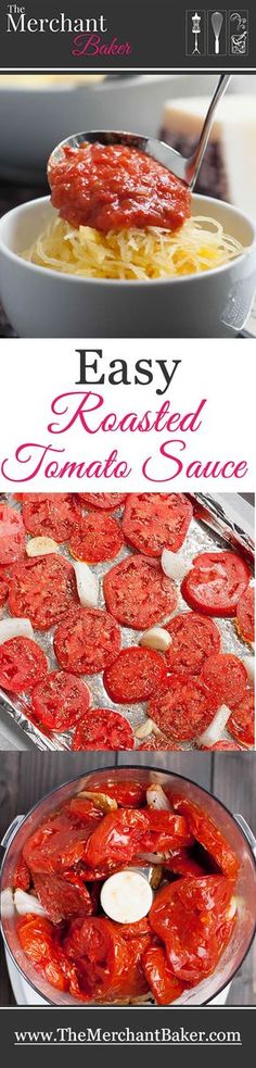 the recipe for easy homemade tomato sauce is shown in two different pictures, and it's ready to be eaten