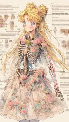 a drawing of a girl with long blonde hair wearing a dress and holding a skeleton