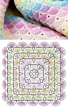 a crocheted blanket with an image of a square in the middle and a photo of