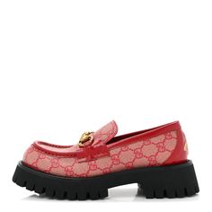 This is an authentic pair of GUCCI GG Supreme Monogram Cordovan Lux Womens Harald Horsebit 25mm Platform Loafers size 36 in Beige and Hibiscus Red. These unique shoes are crafted of Gucci's monogram coated canvas in beige and red. They feature red leather trim, gold-toned hardware horsebits across the vamps, and chunky black rubber soles. Hibiscus Red, Gucci Monogram, Platform Loafers, Unique Shoes, The Vamps, Black Rubber, Leather Trim, Leather Trims, Hibiscus