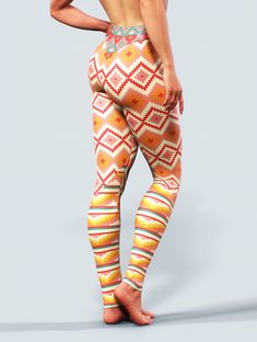 "If you are looking for the activewear that sucks in your tummy, supports every move, smooths your imperfections - look no further. Booty Sculpted designs its high-performance sportswear after carefully considering all your curves and shapes. Our Aztec Printed leggings are one of a kind with a mixture of colorful geometric patterns. There's a strong visual slimming effect. Why our products? - UV protection UPF 50+ ; - Shaping cut that lifts the booty; - Move smoothly with our all-way stretch fab Colorful Sportswear, Orange Tights, Aztec Print Leggings, Designer Leggings, Activewear Print, Gym Apparel, Latex Leggings, Pants High Waisted, Pattern Leggings