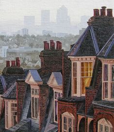 an oil painting of rooftops in the city