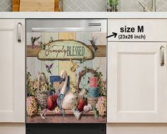 an image of a kitchen scene with birds and flowers on the cabinet door, which is labeled grandpa's blessing