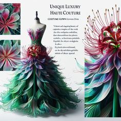 an image of a dress made out of flowers and feathers with text below it that reads unique luxury haute couture