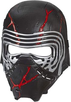 a star wars mask is shown with red paint on the face and black leather material