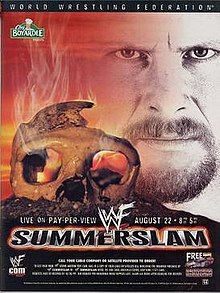 the poster for wwe summerslam, which features a skull and a human head in flames