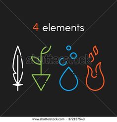 four elements in the form of an arrow, fire, water and plants on a black background