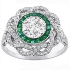 Art Deco 0.95ct Old Mine Diamond Emerald Platinum Engagement Ring, The ring is set with a sparkling old mine cut diamond that weighs approx 0.95ct. The center stone is accentuated by vivid square cut emeralds that weigh 0.48ct. . Around the emerald stones are glittering round cut diamonds that weighs approximately 0.78ct. Vintage Jewlery, Old Mine Cut Diamond, Green Stone Rings, White Gold Jewelry