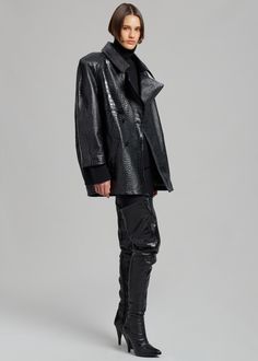 Estimated Delivery: September-October 2023 Color: Black Croc-embossed faux leather Oversized fit Exaggerated notch lapels Drop shoulders Front flap detailing Front welt pockets Hook and eye closure Lined 100% Polyurethane Dry Clean By The Frankie Shop. Imported 2023 Color, Denim Suit, The Frankie Shop, Frankie Shop, Paris Woman, Hook And Eye, Beautiful Boots, Leather Texture, Winter 2024